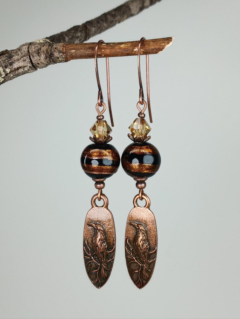 Copper Raven Earrings Gothic Woodland Dark Academia Artisan - Picture 2 of 7